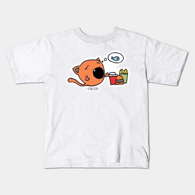 Cute cat no fast food only healthy food fish dream Kids T-Shirt by MIWDesign